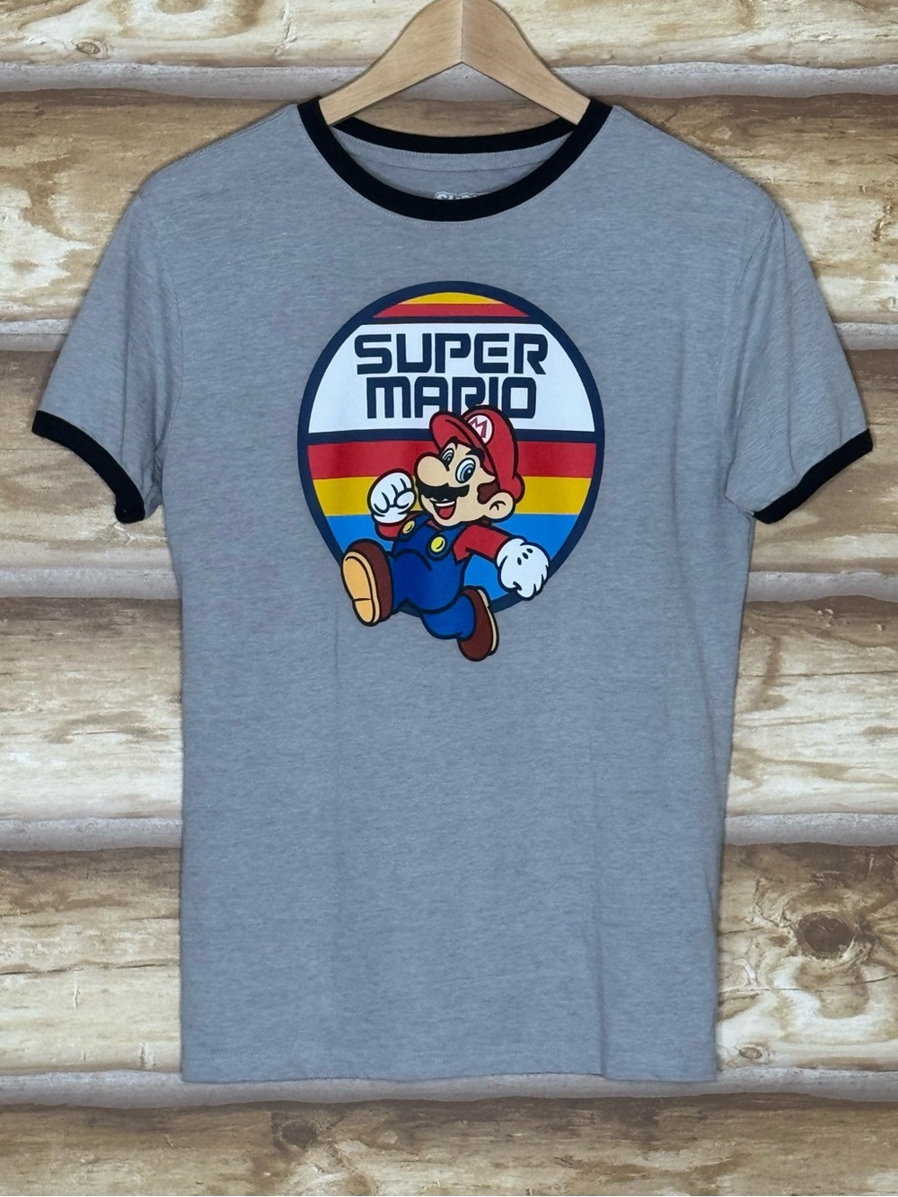 Nintendo Super Mario Ringer Tee with Retro Rainbow Logo, size XL